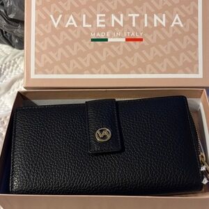 Valentina Black Pebbled Leather Zip-Around Card Holder Wallet